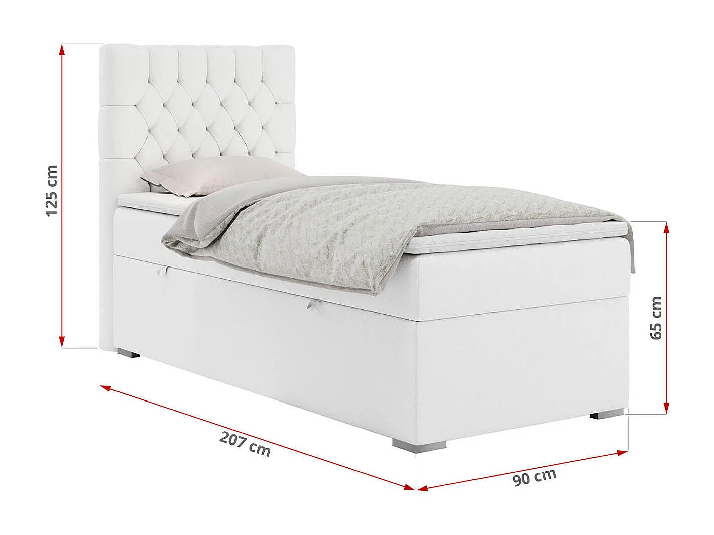 Boxspringbett PERA - Einzelbett mit Kopfstütze, Polsterbett, Multipocket-Matratze, genähtes Kopfteil - 90x200 cm - H4 - Weiß Kunstleder - Rechts Seite