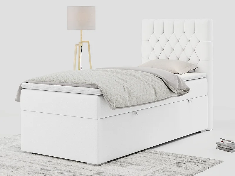 Boxspringbett PERA - Einzelbett mit Kopfstütze, Polsterbett, Multipocket-Matratze, genähtes Kopfteil - 90x200 cm - H4 - Weiß Kunstleder - Rechts Seite