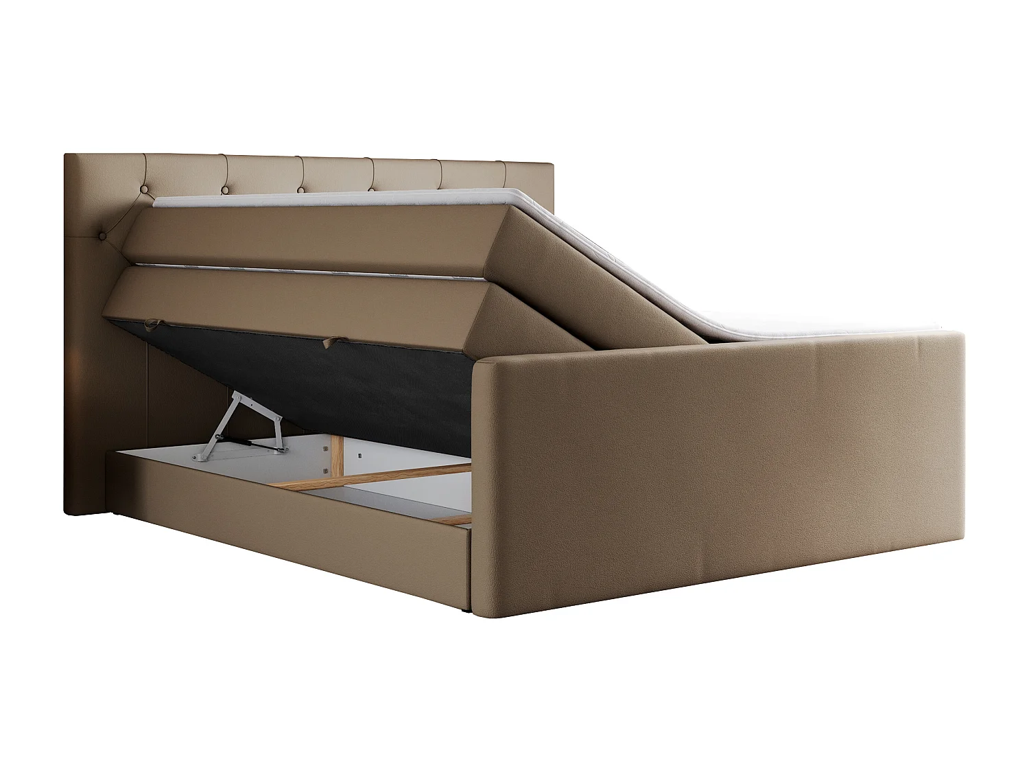 Boxspringbett VELEN KING - Doppelbett mit gestepptem Kopfteil, zwei Multipocket-Matratzen, Polsterbett mit Kopfstütze - 120x200 cm - H4 - Braun Kunstleder