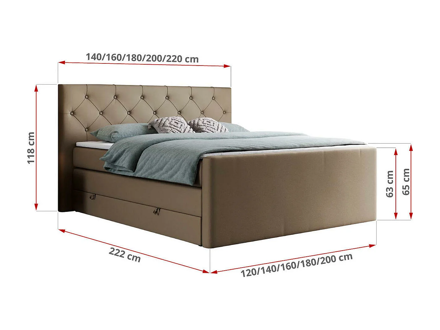 Boxspringbett VELEN KING - Doppelbett mit gestepptem Kopfteil, zwei Multipocket-Matratzen, Polsterbett mit Kopfstütze - 120x200 cm - H4 - Braun Kunstleder