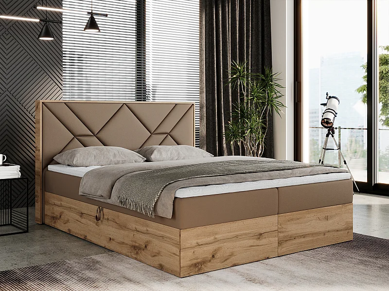 Boxspringbett GUNAR - gepolster kopfteil, Doppelbett mit Multipocket-Matratze, zwei Bettkästen - 200x200 cm - H3 - Braun Kunstleder