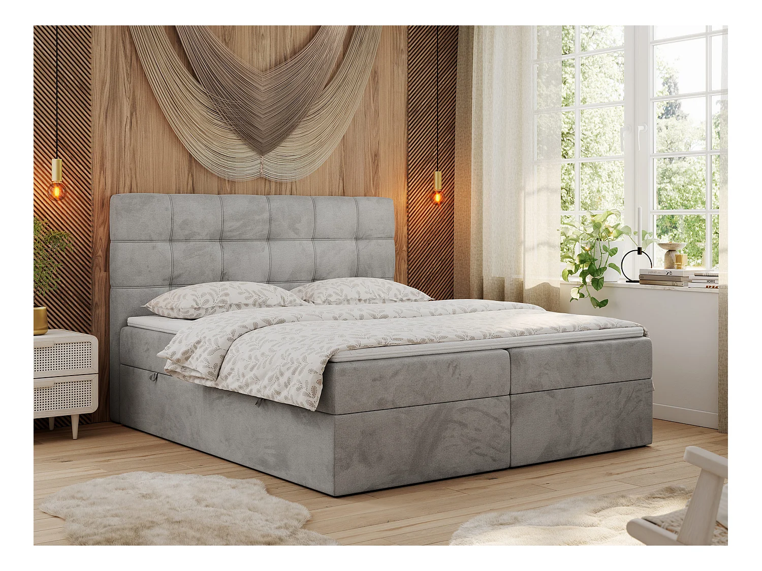 Boxspringbett ERNI - mit gestepptem Kopfteil, Polsterbett, Multipocket-Matratze und Topper, Bettkästen - 120x200 cm - H4 - Hellgrau Velvet
