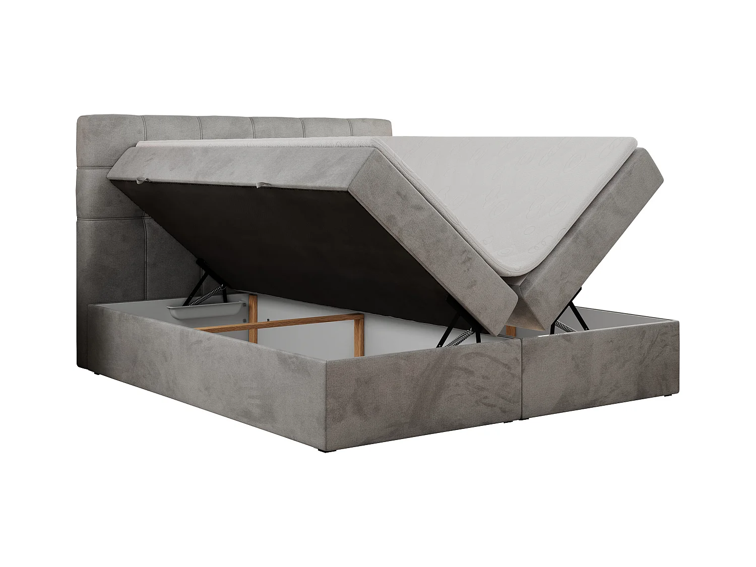 Boxspringbett ERNI - mit gestepptem Kopfteil, Polsterbett, Multipocket-Matratze und Topper, Bettkästen - 120x200 cm - H4 - Hellgrau Velvet
