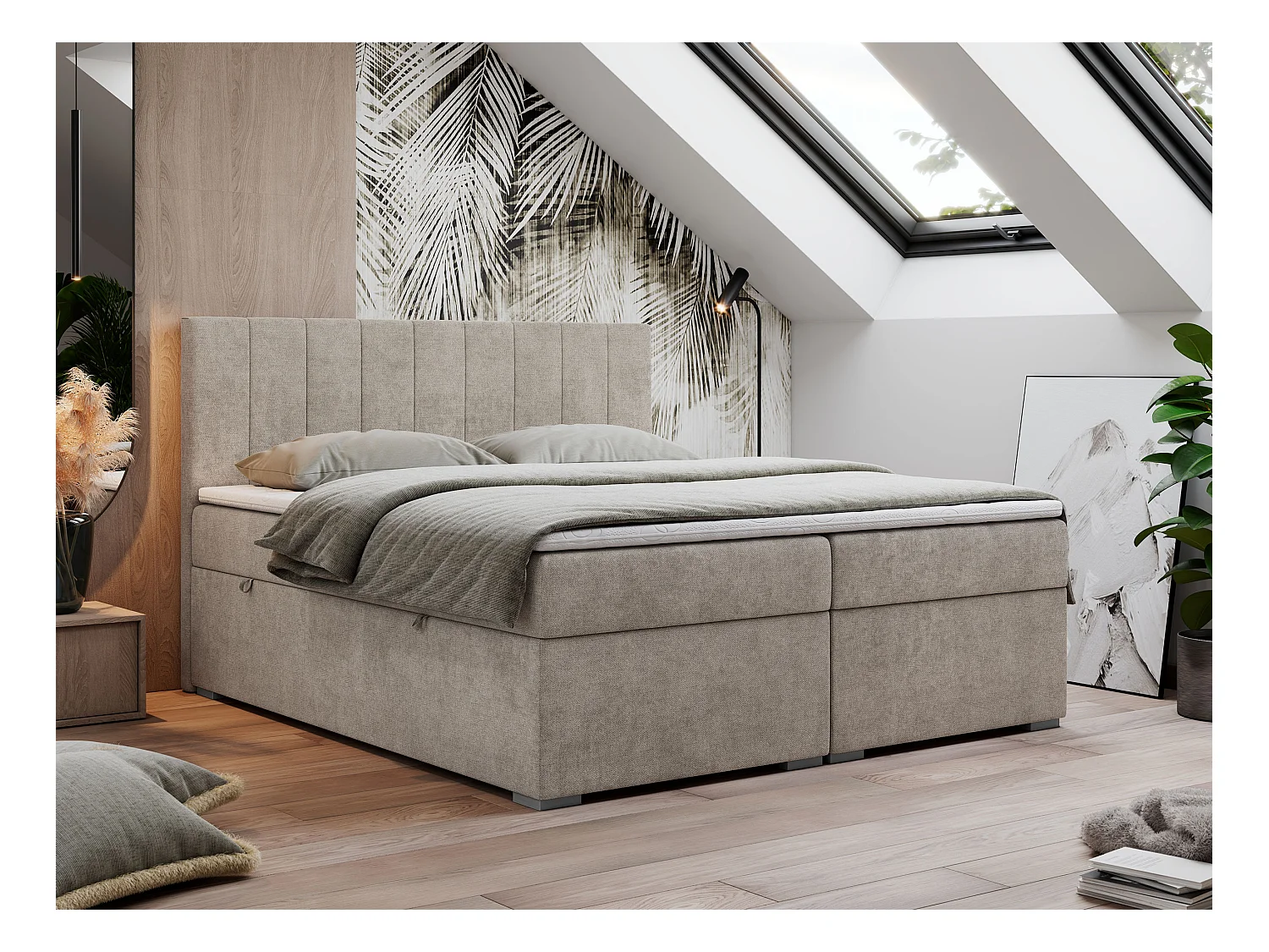 Boxspringbett LOPE - genähtes Kopfteil, Doppelbett mit Stauraum, Multipocket-Matratze, Topper - 120x200 cm - H4 - Beige Strukture