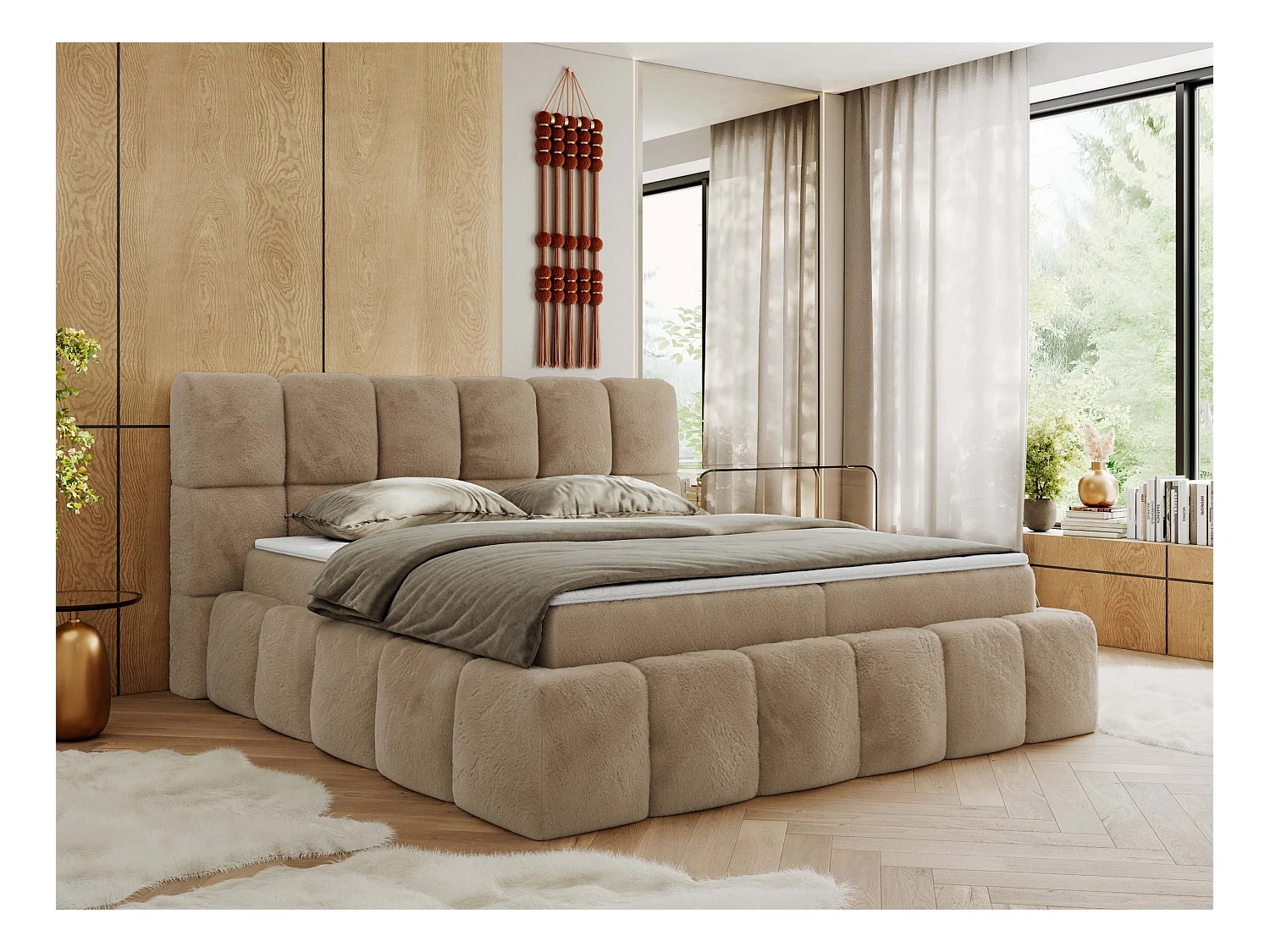 Boxspringbett NIRA - dekorativ kopfteil, Bettkästen und Multipocket-Matratze, Doppelbett für Schlafzimmer - 140x200 cm - H3 - Beige Plüsch
