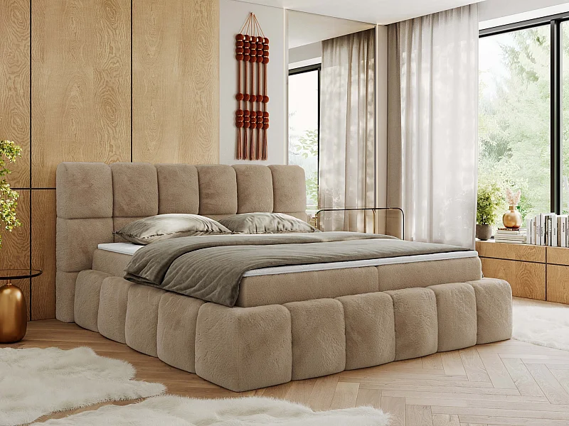 Boxspringbett NIRA - dekorativ kopfteil, Bettkästen und Multipocket-Matratze, Doppelbett für Schlafzimmer - 140x200 cm - H3 - Beige Plüsch