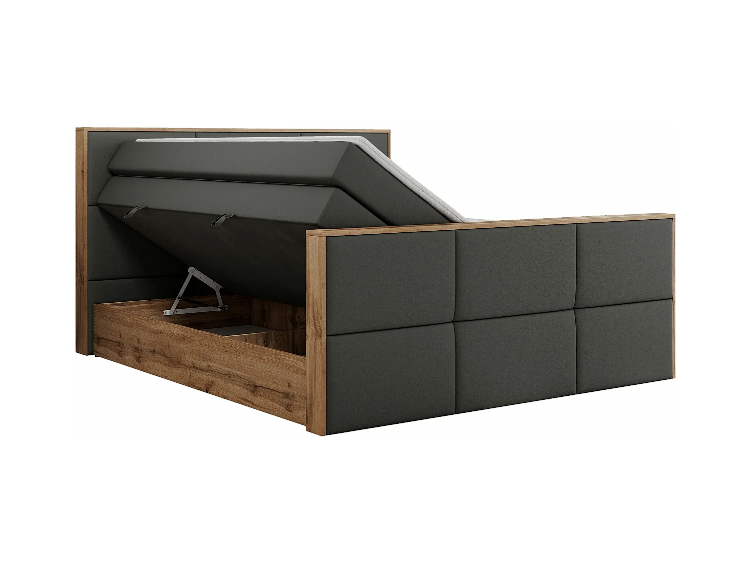 Boxspringbett ALBERO 2 KING DUO - Eiche Wotan Holzrahmen, zwei Multipocket-Matratzen, Bettkästen - 140x200 cm - H3 - Dunkelgrau Kunstleder