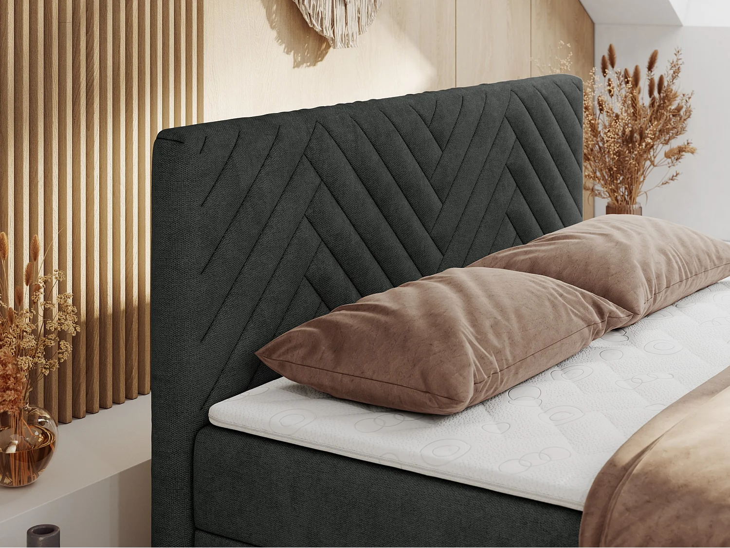 Boxspringbett PARIS DUO - Polsterbett mit genähtem Kopfteil und Frontplatte, Doppelbett, zwei Bettkästen - 180x200 cm - H4 - Dunkelgrau Strukture