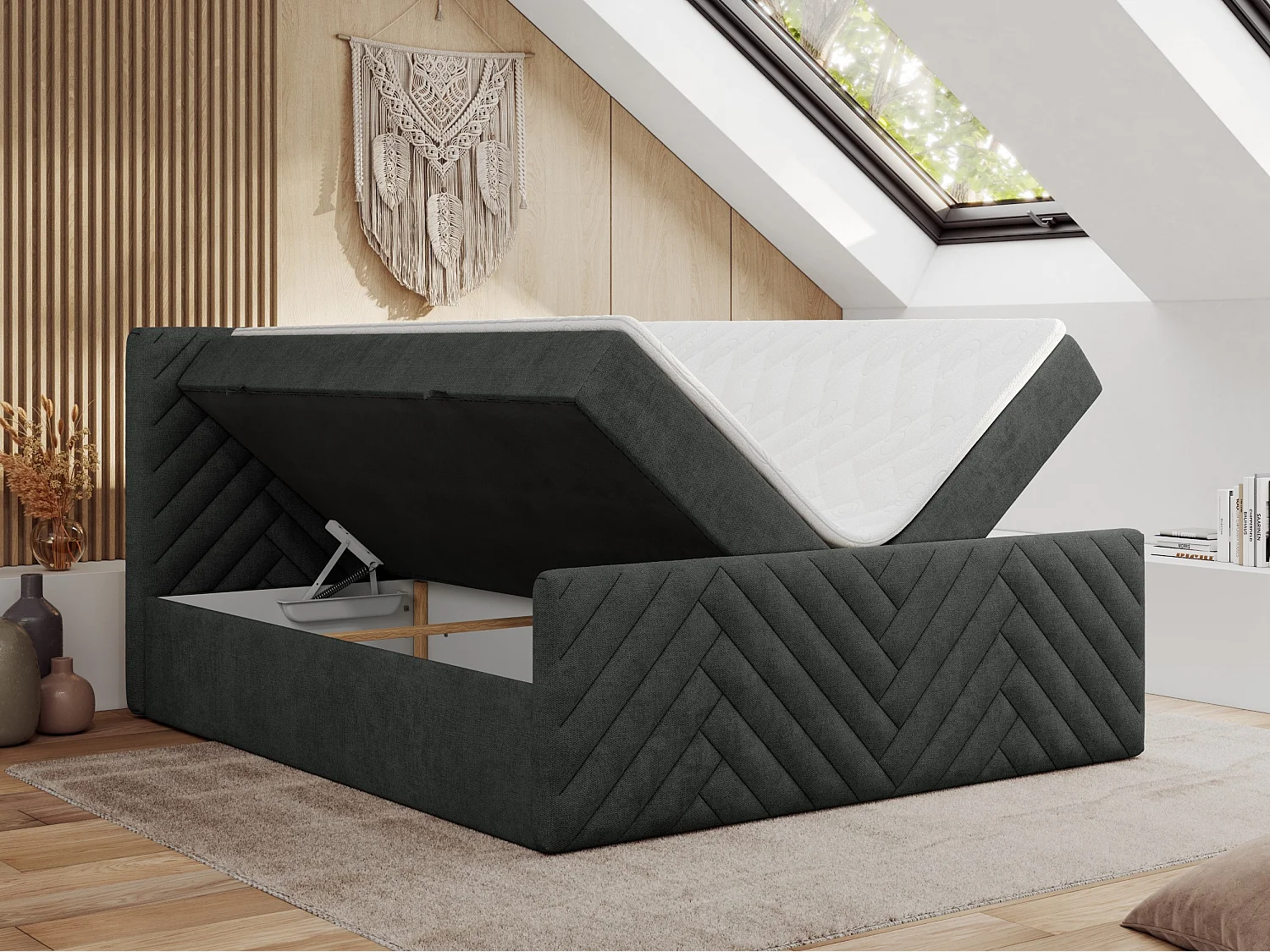 Boxspringbett PARIS DUO - Polsterbett mit genähtem Kopfteil und Frontplatte, Doppelbett, zwei Bettkästen - 180x200 cm - H4 - Dunkelgrau Strukture