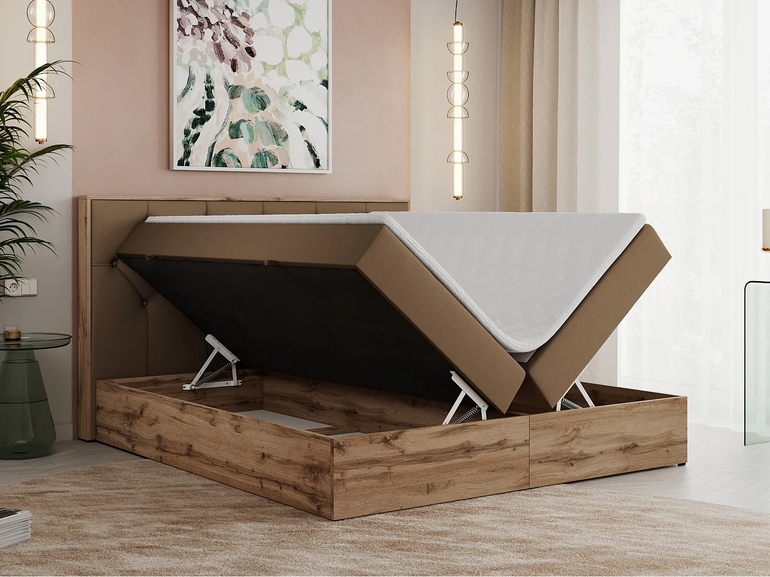 Boxspringbett VENETO - gestepptem Kopfteil, Set mit Multipocket-Matratze und Topper, Holzrahmen, zwei Bettkästen - 160x200 cm - H4 - Braun Kunstleder