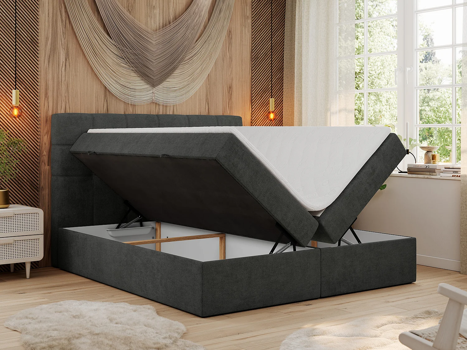 Boxspringbett ERNI - mit gestepptem Kopfteil, Polsterbett, Multipocket-Matratze und Topper, Bettkästen - 160x200 cm - H3 - Dunkelgrau Stukture