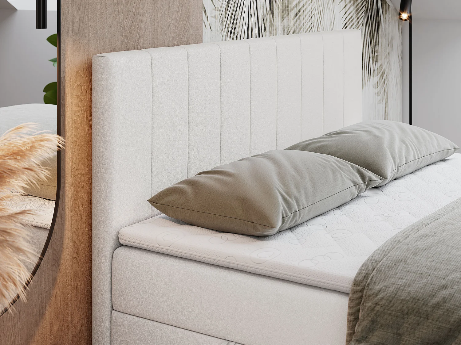 Boxspringbett LOPE - genähtes Kopfteil, Doppelbett mit Stauraum, Multipocket-Matratze, Topper - 140x200 cm - H4 - Weiß Kunstleder