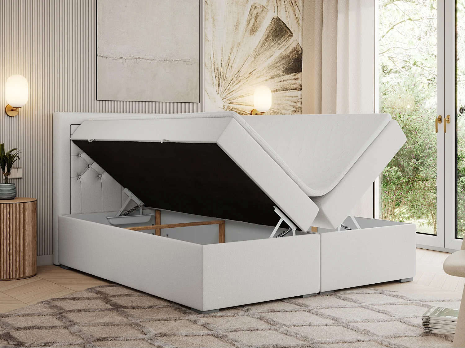 Boxspringbett JASIR - mit gestepptem Kopfteil, Doppelbett für Schlafzimmer, Multipocket-Matratze, Stauraum - 200x200 cm - H3 - Weiß Kunstleder