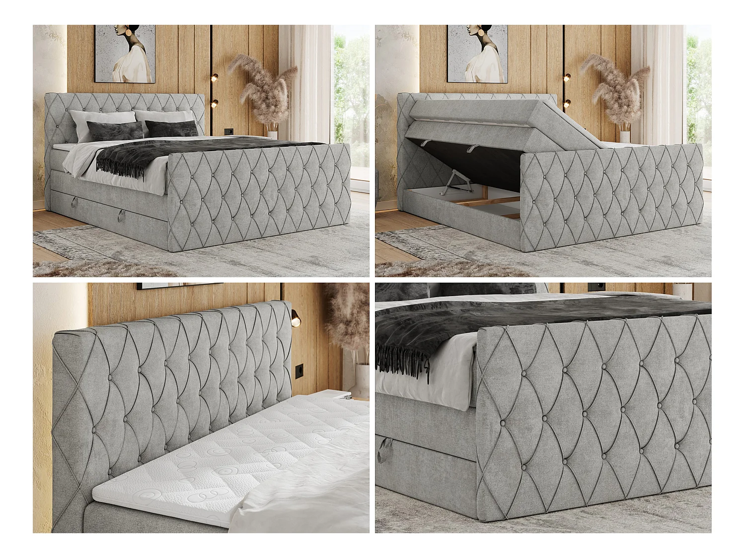 Boxspringbett MIREN KING DUO - für Schlafzimmer mit zwei Multipocket-Matratzen und Topper, gestepptes Kopfteil und Front  - 180x200 cm - H3 - Hellgrau Strukture