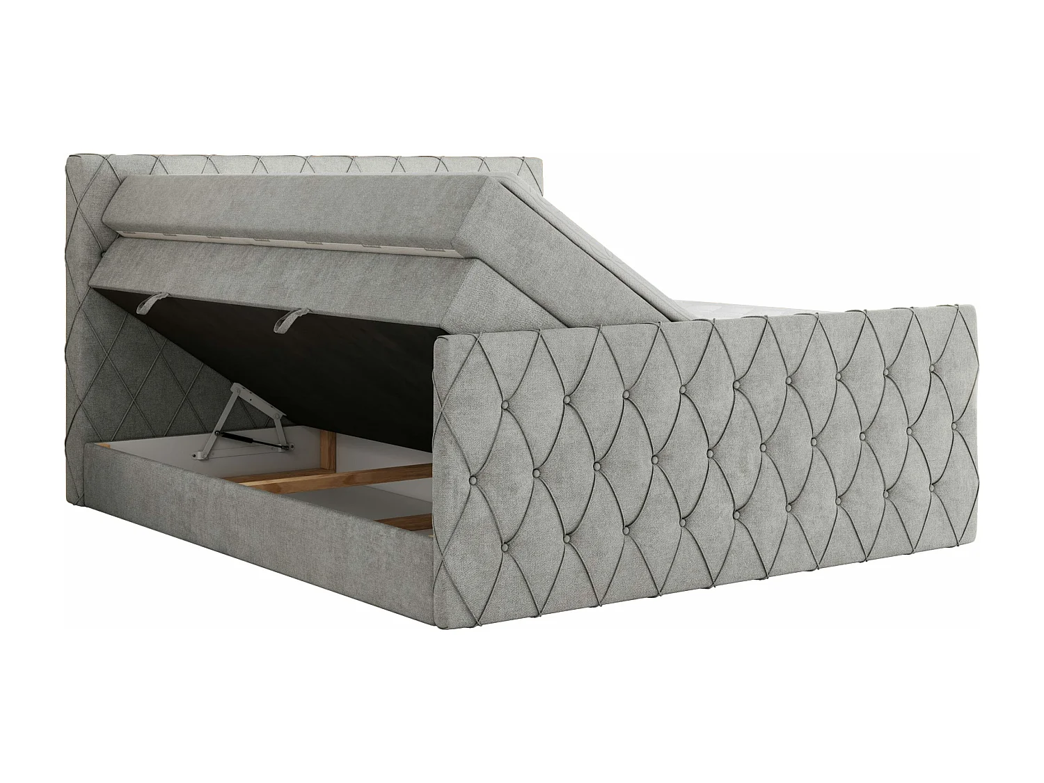 Boxspringbett MIREN KING DUO - für Schlafzimmer mit zwei Multipocket-Matratzen und Topper, gestepptes Kopfteil und Front  - 180x200 cm - H3 - Hellgrau Strukture