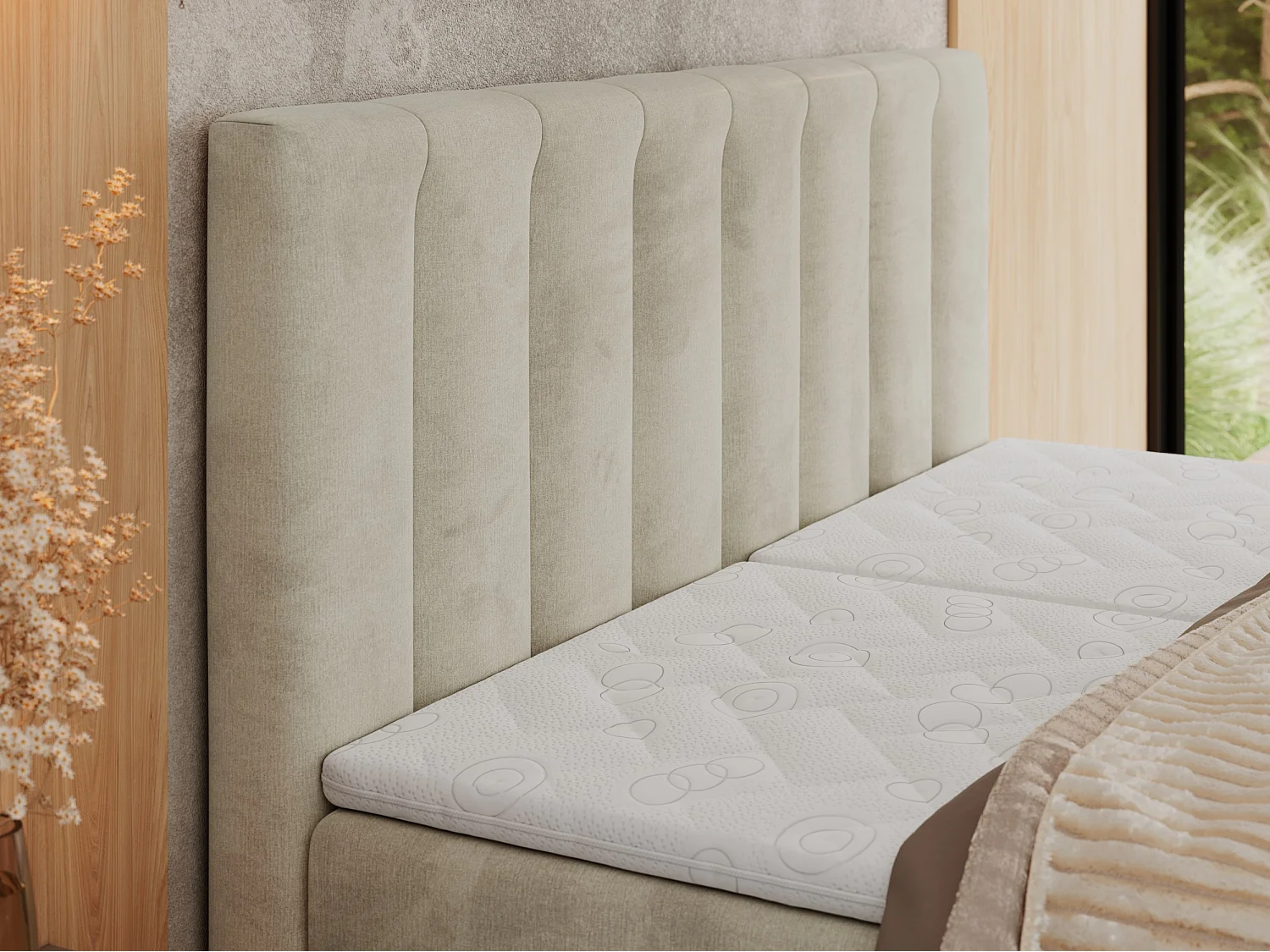 Boxspringbett COMFORTO - Doppelbett, Elektrisch verstellbare, Multipocket-Matratzen und Topper, genähtes Kopfteil - 200x200 cm - H3 - Beige Velvet