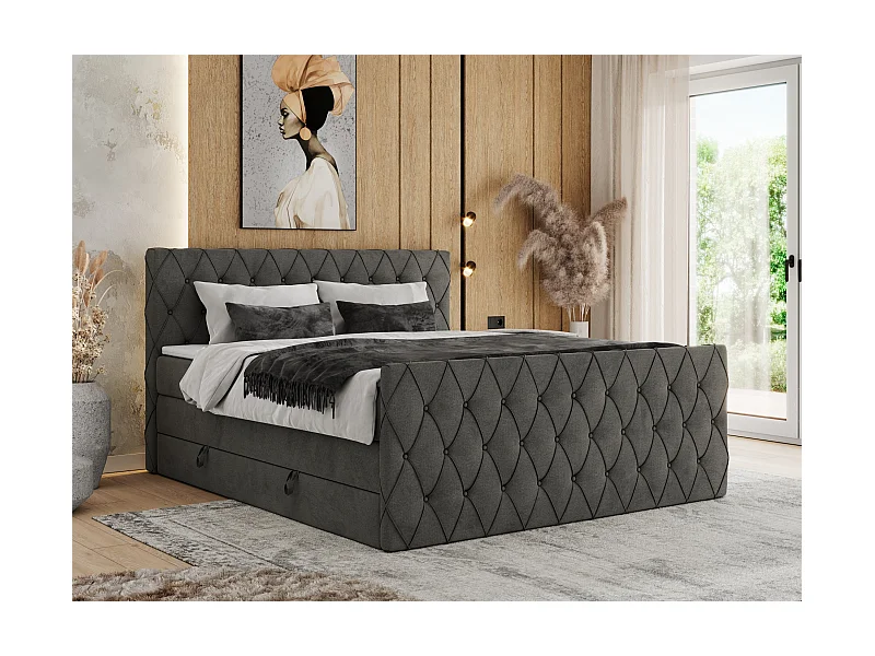 Boxspringbett MIREN KING DUO - für Schlafzimmer mit zwei Multipocket-Matratzen und Topper, gestepptes Kopfteil und Front  - 160x200 cm - H3 - Dunkelgrau Velvet