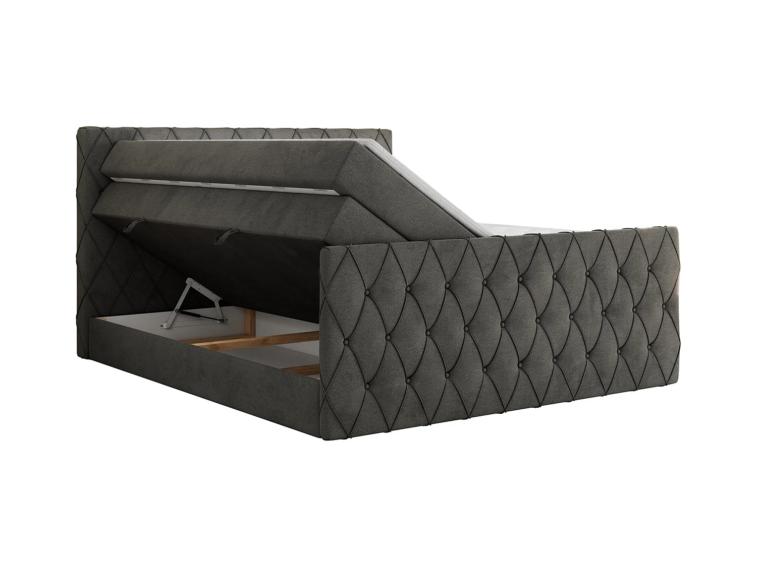 Boxspringbett MIREN KING DUO - für Schlafzimmer mit zwei Multipocket-Matratzen und Topper, gestepptes Kopfteil und Front  - 160x200 cm - H3 - Dunkelgrau Velvet