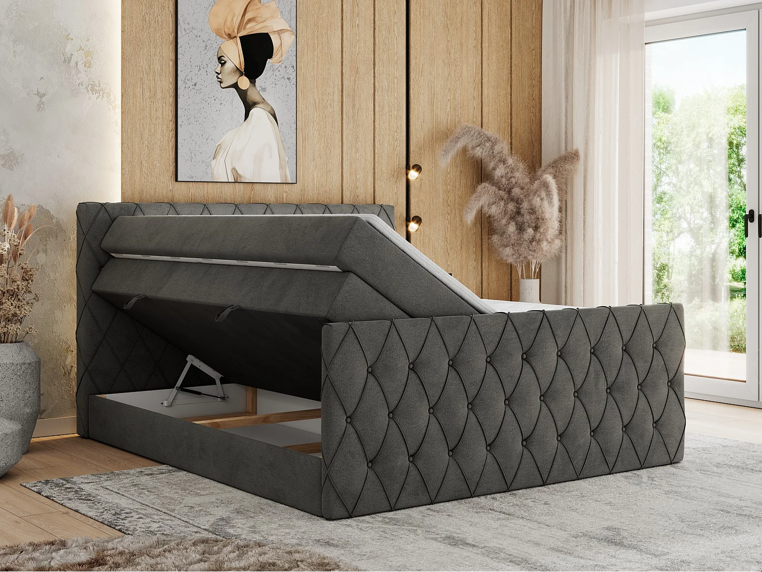 Boxspringbett MIREN KING DUO - für Schlafzimmer mit zwei Multipocket-Matratzen und Topper, gestepptes Kopfteil und Front  - 160x200 cm - H3 - Dunkelgrau Velvet