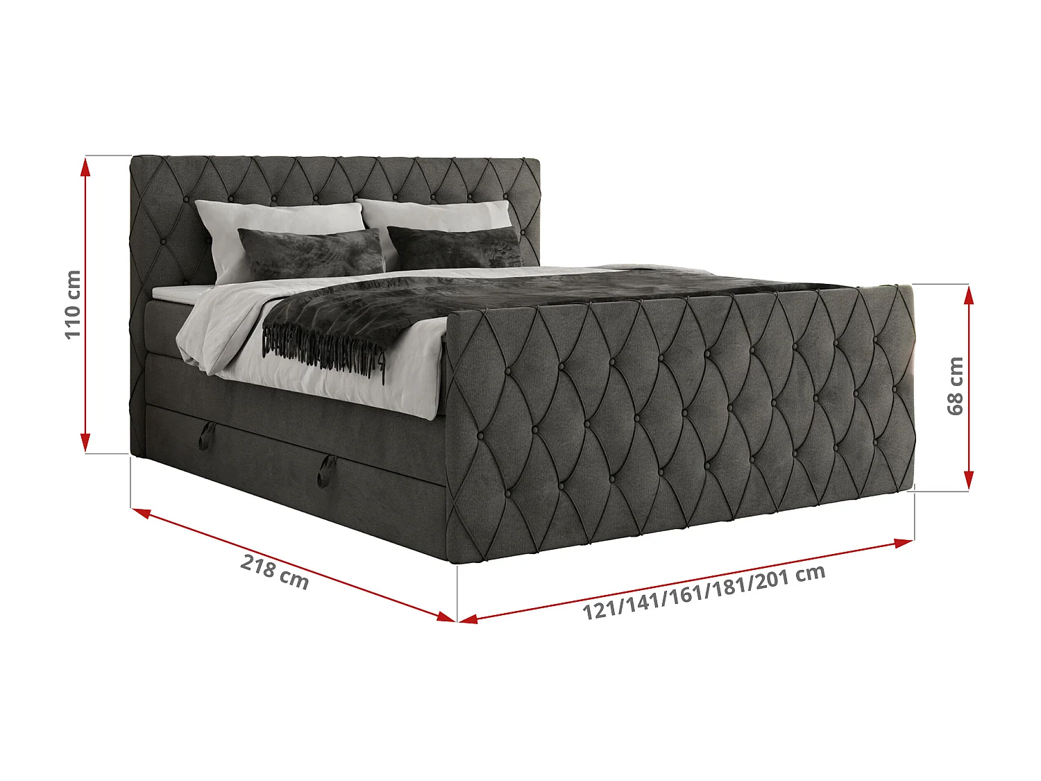Boxspringbett MIREN KING DUO - für Schlafzimmer mit zwei Multipocket-Matratzen und Topper, gestepptes Kopfteil und Front  - 160x200 cm - H3 - Dunkelgrau Velvet