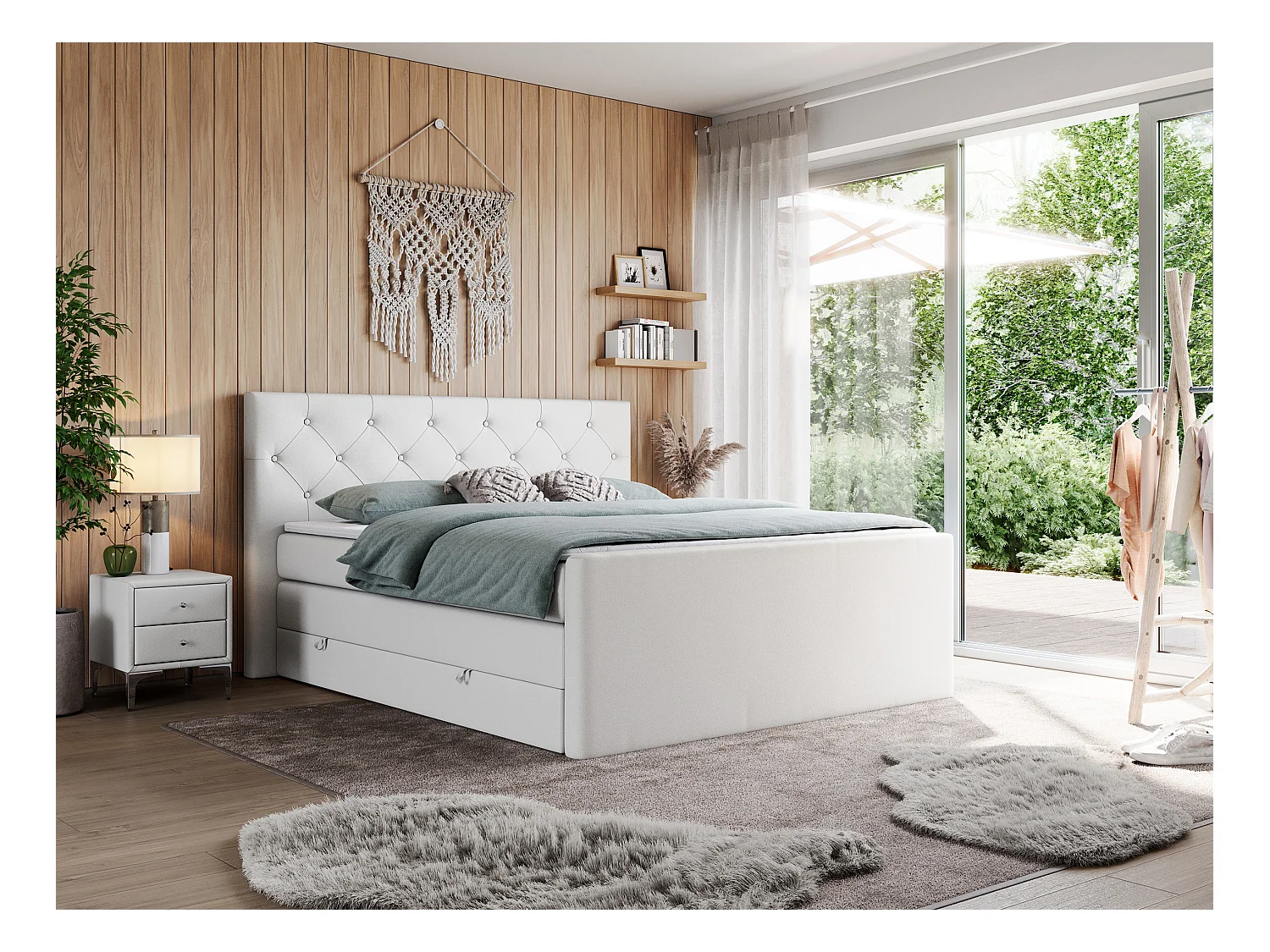 Boxspringbett VELEN KING - Doppelbett mit gestepptem Kopfteil, zwei Multipocket-Matratzen, Polsterbett mit Kopfstütze - 180x200 cm - H3 - Weiß Kunstleder