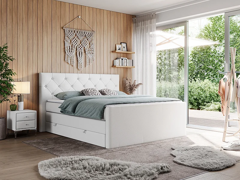 Boxspringbett VELEN KING - Doppelbett mit gestepptem Kopfteil, zwei Multipocket-Matratzen, Polsterbett mit Kopfstütze - 180x200 cm - H3 - Weiß Kunstleder