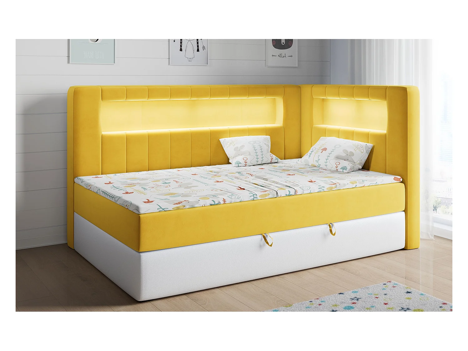 Kinderbett JUNIOR GOLD 3 - Einzelbett mit Matratze, LED-Beleuchtung, Bettkasten - 90x200 cm - Rechts Seite