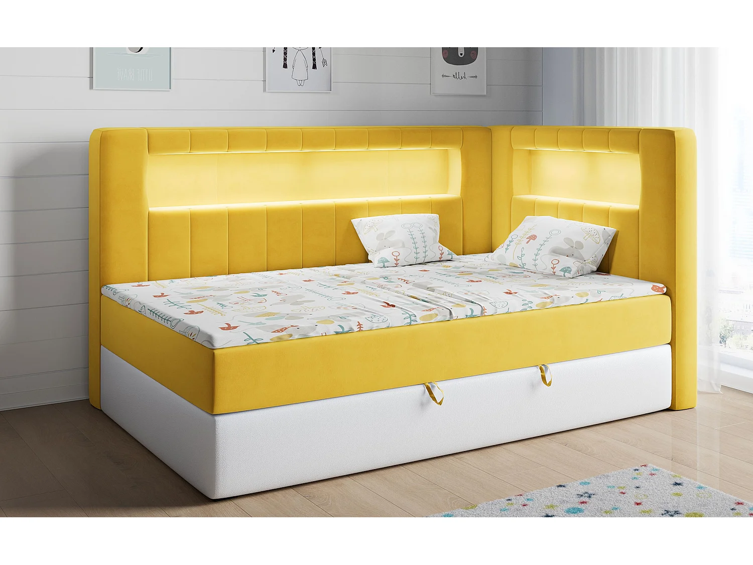 Kinderbett JUNIOR GOLD 3 - Einzelbett mit Matratze, LED-Beleuchtung, Bettkasten - 90x200 cm - Rechts Seite