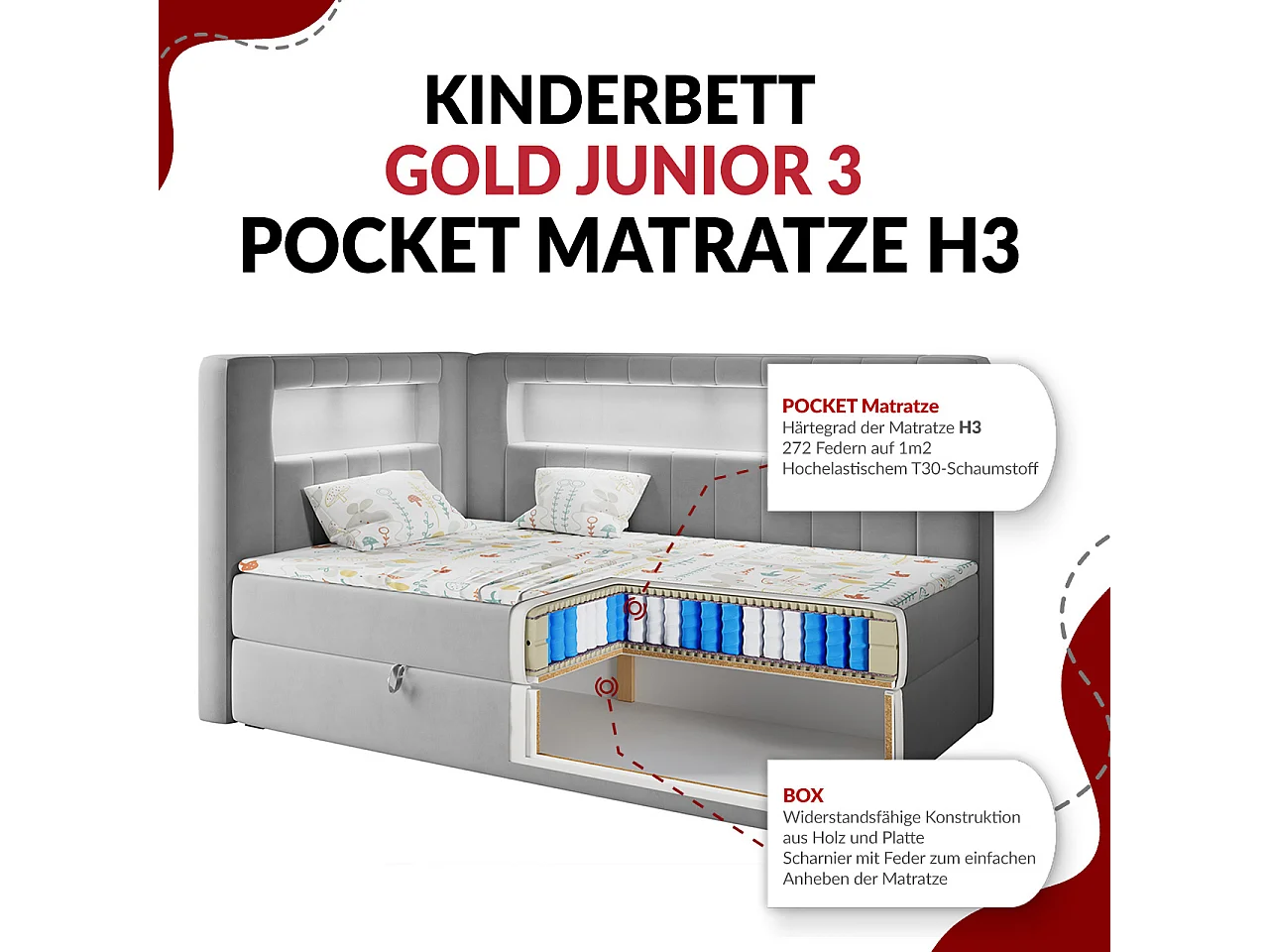 Kinderbett JUNIOR GOLD 3 - Einzelbett mit Matratze, LED-Beleuchtung, Bettkasten - 90x200 cm - Rechts Seite