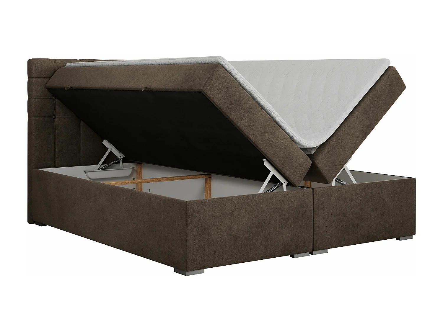 Boxspringbett SUSAN - mit gestepptem Kopfteil, zwei Bettkästen und Topper, gepolstertes Schlafzimmerbett - 140x200 cm - H3 - Braun Velvet