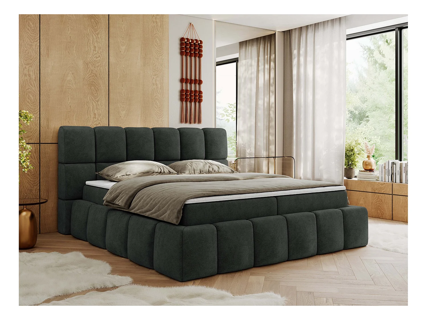 Boxspringbett NIRA - dekorativ kopfteil, Bettkästen und Multipocket-Matratze, Doppelbett für Schlafzimmer - 120x200 cm - H3 - Dunkelgrau Strukture