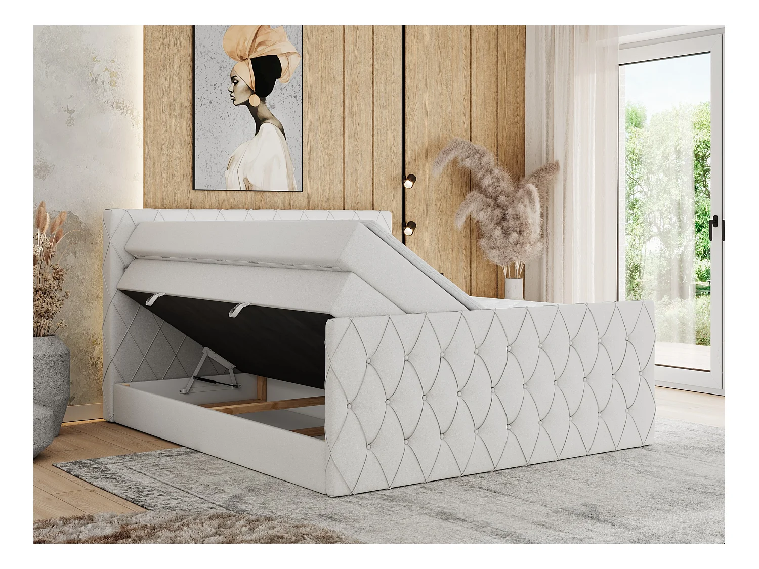 Boxspringbett MIREN KING DUO - für Schlafzimmer mit zwei Multipocket-Matratzen und Topper, gestepptes Kopfteil und Front  - 120x200 cm - H4 - Weiß Kunstleder