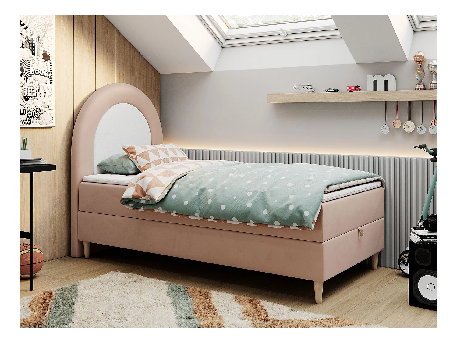 Kinderbett NEST - Boxspringbett für Kinder, mit hohem Kopfteil, Einzelbett mit Stauraum und Matratze - 90x180 cm - Rosa Velvet