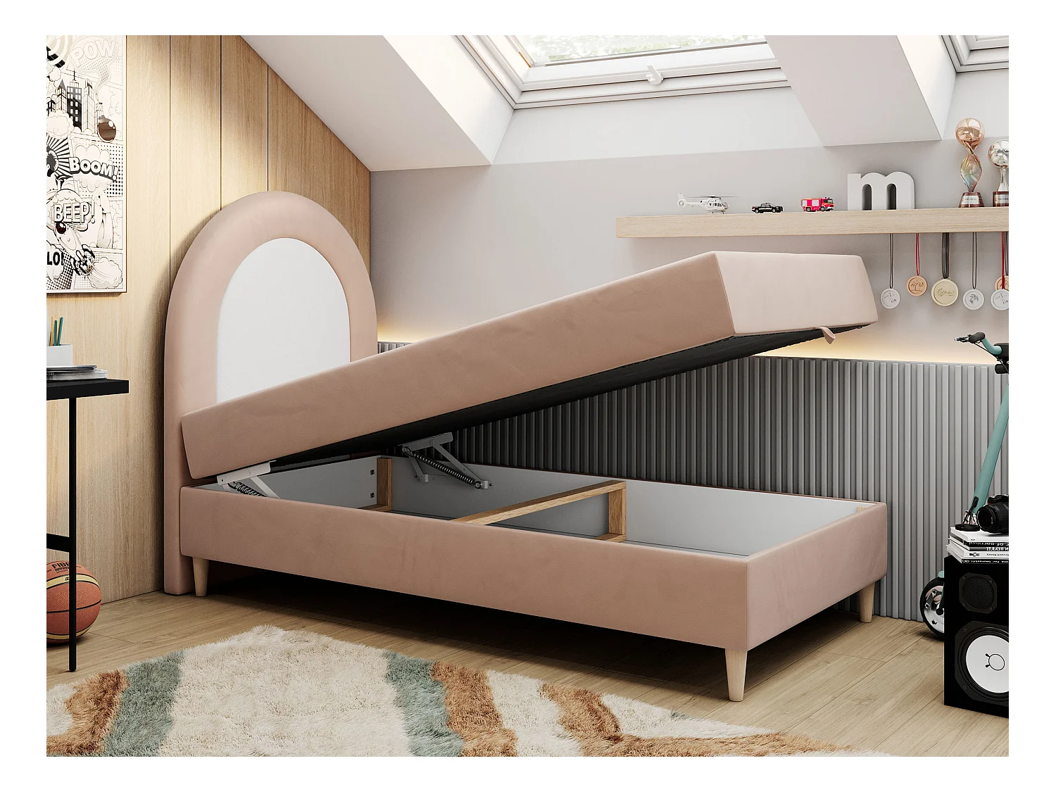 Kinderbett NEST - Boxspringbett für Kinder, mit hohem Kopfteil, Einzelbett mit Stauraum und Matratze - 90x180 cm - Rosa Velvet