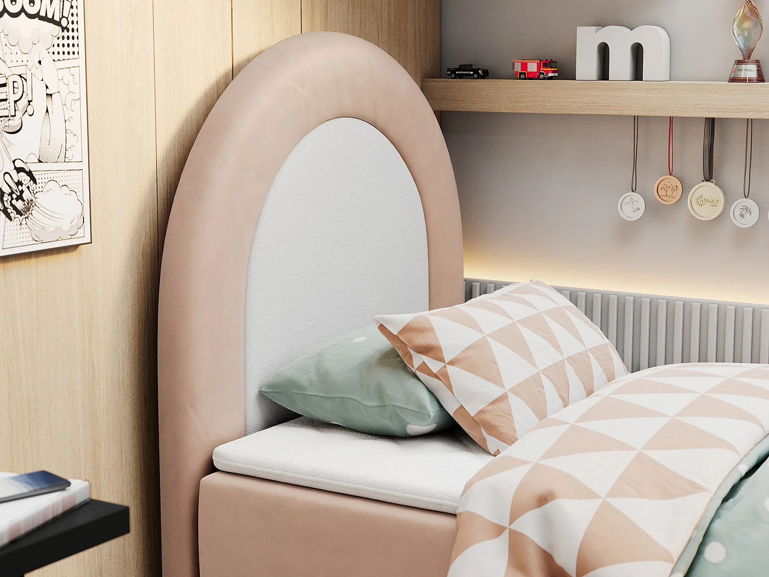 Kinderbett NEST - Boxspringbett für Kinder, mit hohem Kopfteil, Einzelbett mit Stauraum und Matratze - 90x180 cm - Rosa Velvet