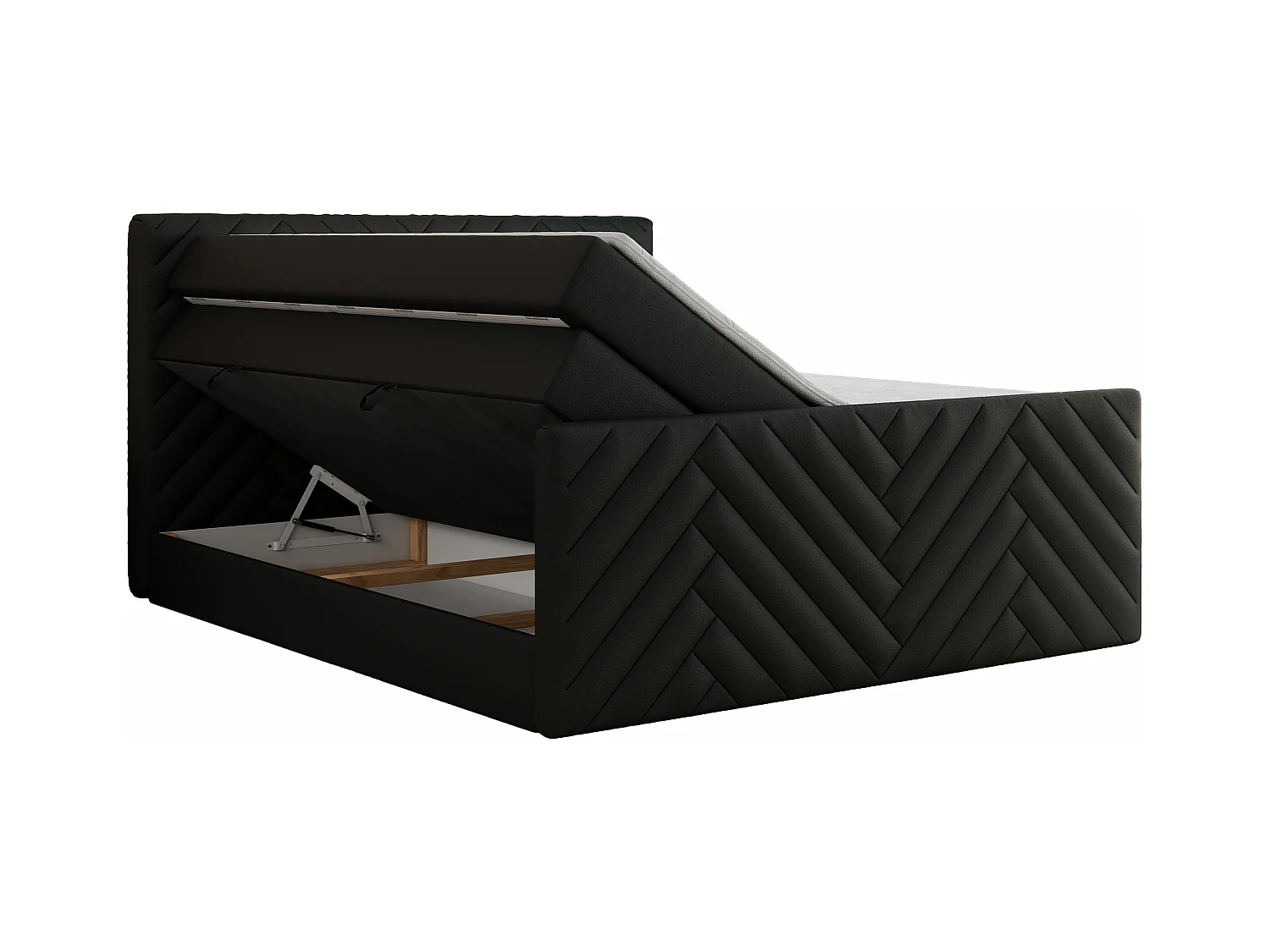 Boxspringbett PARIS KING DUO - dekorative Kopfstütze und Front, zwei Multipocket-Matratze mit Topper - 180x200 cm - H4 - Schwarz Kunstleder