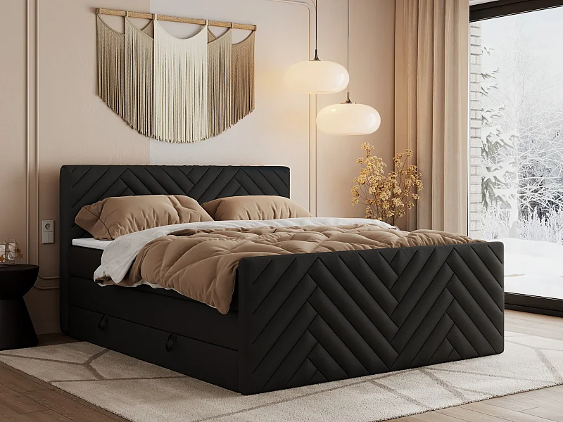 Boxspringbett PARIS KING DUO - dekorative Kopfstütze und Front, zwei Multipocket-Matratze mit Topper - 180x200 cm - H4 - Schwarz Kunstleder