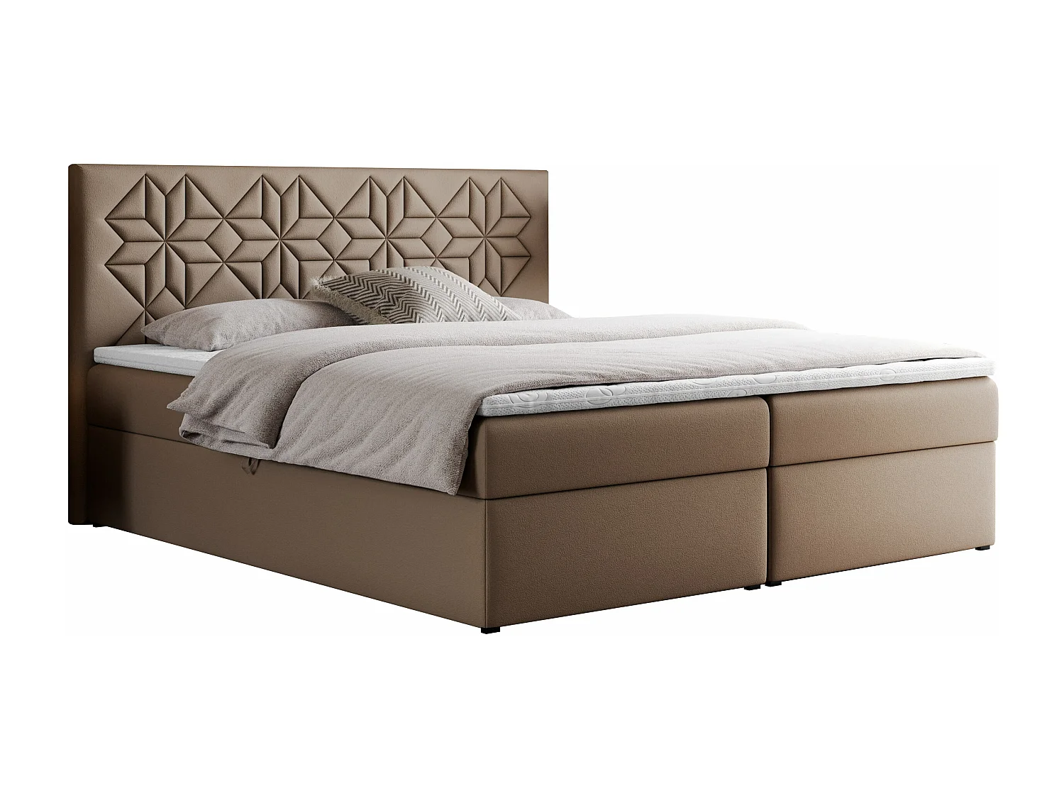 Boxspringbett LEILA - gestepptes Kopfteil,  7 Härtezonen Multipocket-Matratzen, Doppelbett mit Bettkästen - 180x200 cm - H4 - Braun Kunstleder