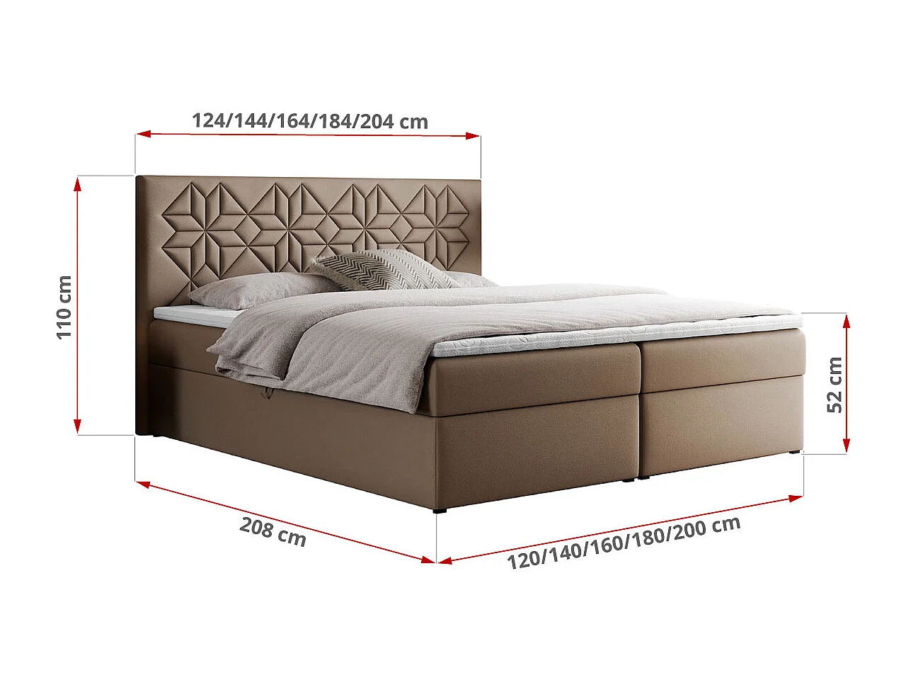 Boxspringbett LEILA - gestepptes Kopfteil,  7 Härtezonen Multipocket-Matratzen, Doppelbett mit Bettkästen - 180x200 cm - H4 - Braun Kunstleder