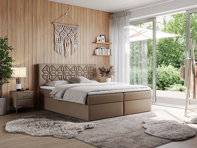 Boxspringbett LEILA - gestepptes Kopfteil,  7 Härtezonen Multipocket-Matratzen, Doppelbett mit Bettkästen - 180x200 cm - H4 - Braun Kunstleder