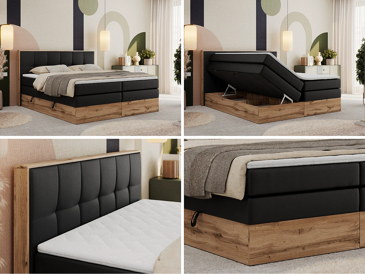 Boxspringbett ALBERO 1 KING - zwei 7 Härtezonen Multipocket-Matratzen, Doppelbett mit Stauraum, Eiche Wotan Holzrahmen - 200x200 cm - H3 - Schwarz Kunstleder