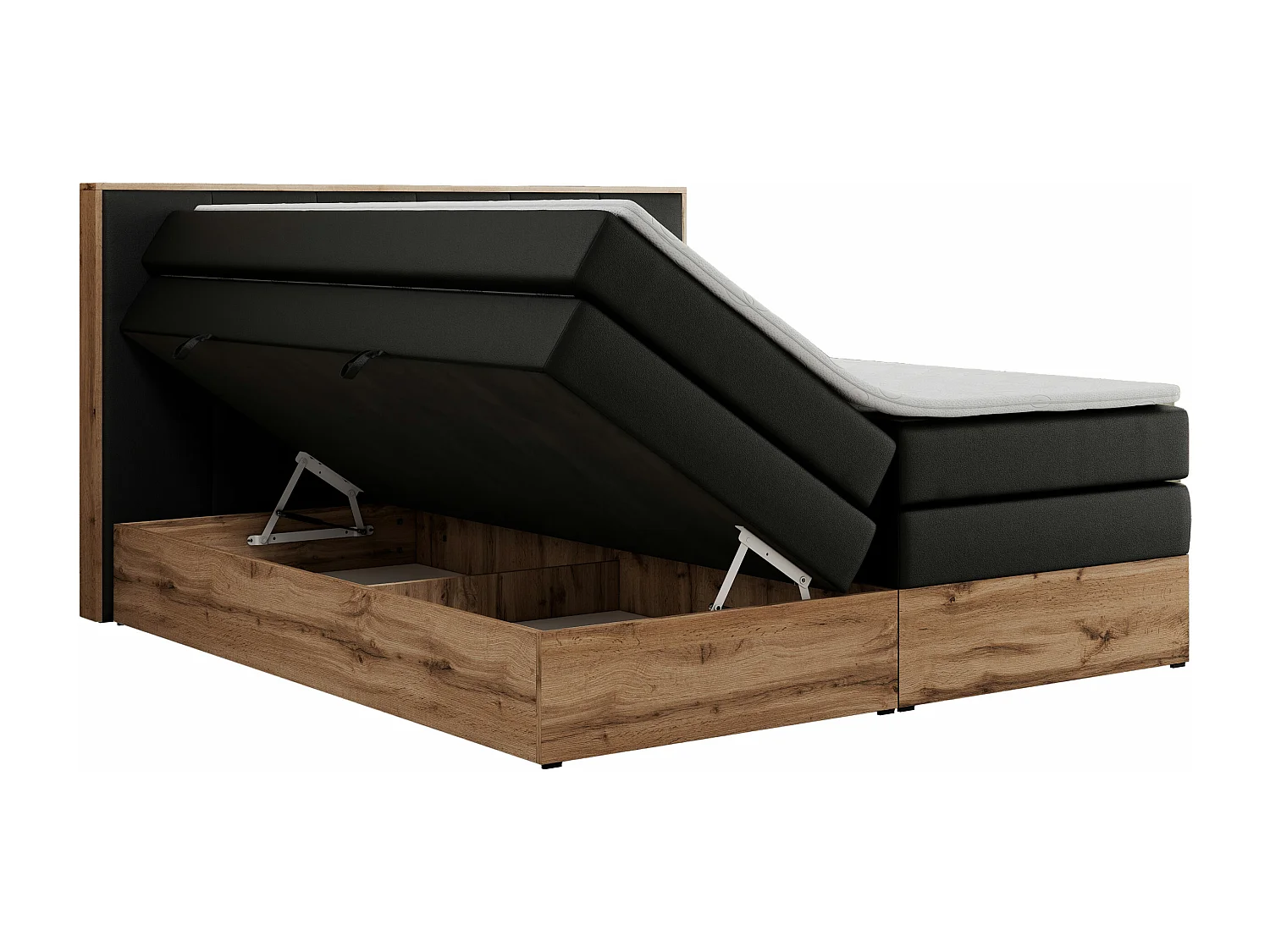 Boxspringbett ALBERO 1 KING - zwei 7 Härtezonen Multipocket-Matratzen, Doppelbett mit Stauraum, Eiche Wotan Holzrahmen - 200x200 cm - H3 - Schwarz Kunstleder