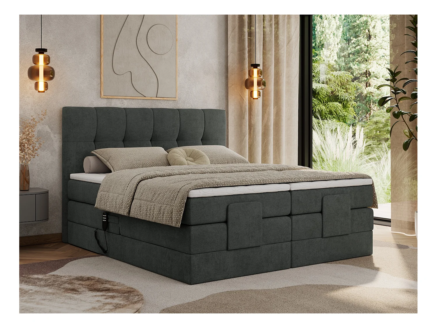 Boxspringbett VITTORIA - mit gestepptem Kopfteil, elektrischem Untergestell, Multipocket-Matratze - 140x200 cm - H4 - Dunkelgrau Strukture