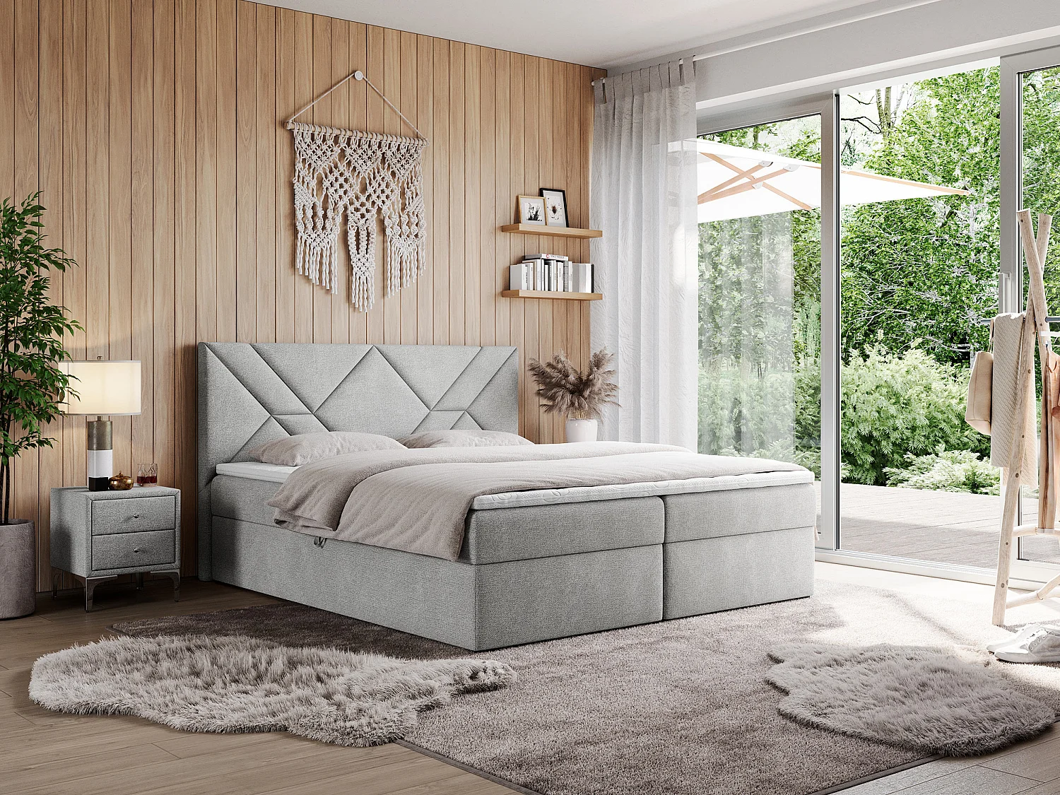 Boxspringbett NEOMI - dekorativem Kopfteil, Polsterbett mit Multipocket-Matratzen, zwei Bettkästen - 180x200 cm - H4 - Hellgrau Strukture