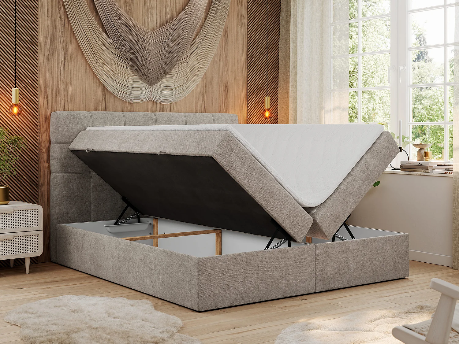 Boxspringbett ERNI - mit gestepptem Kopfteil, Polsterbett, Multipocket-Matratze und Topper, Bettkästen - 160x200 cm - H3 - Beige Stukture