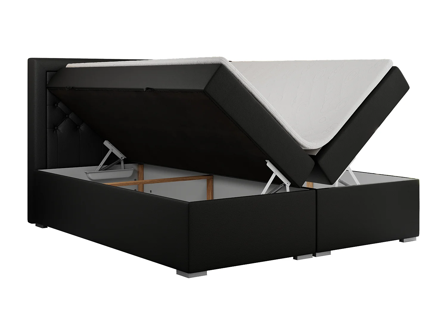 Boxspringbett JASIR - mit gestepptem Kopfteil, Doppelbett für Schlafzimmer, Multipocket-Matratze, Stauraum - 120x200 cm - H3 - Schwarz Kunstleder