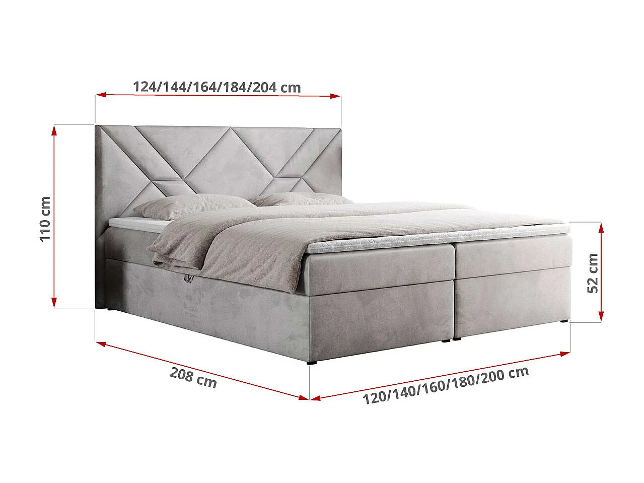 Boxspringbett NEOMI - dekorativem Kopfteil, Polsterbett mit Multipocket-Matratzen, zwei Bettkästen - 200x200 cm - H4 - Hellgrau Strukture