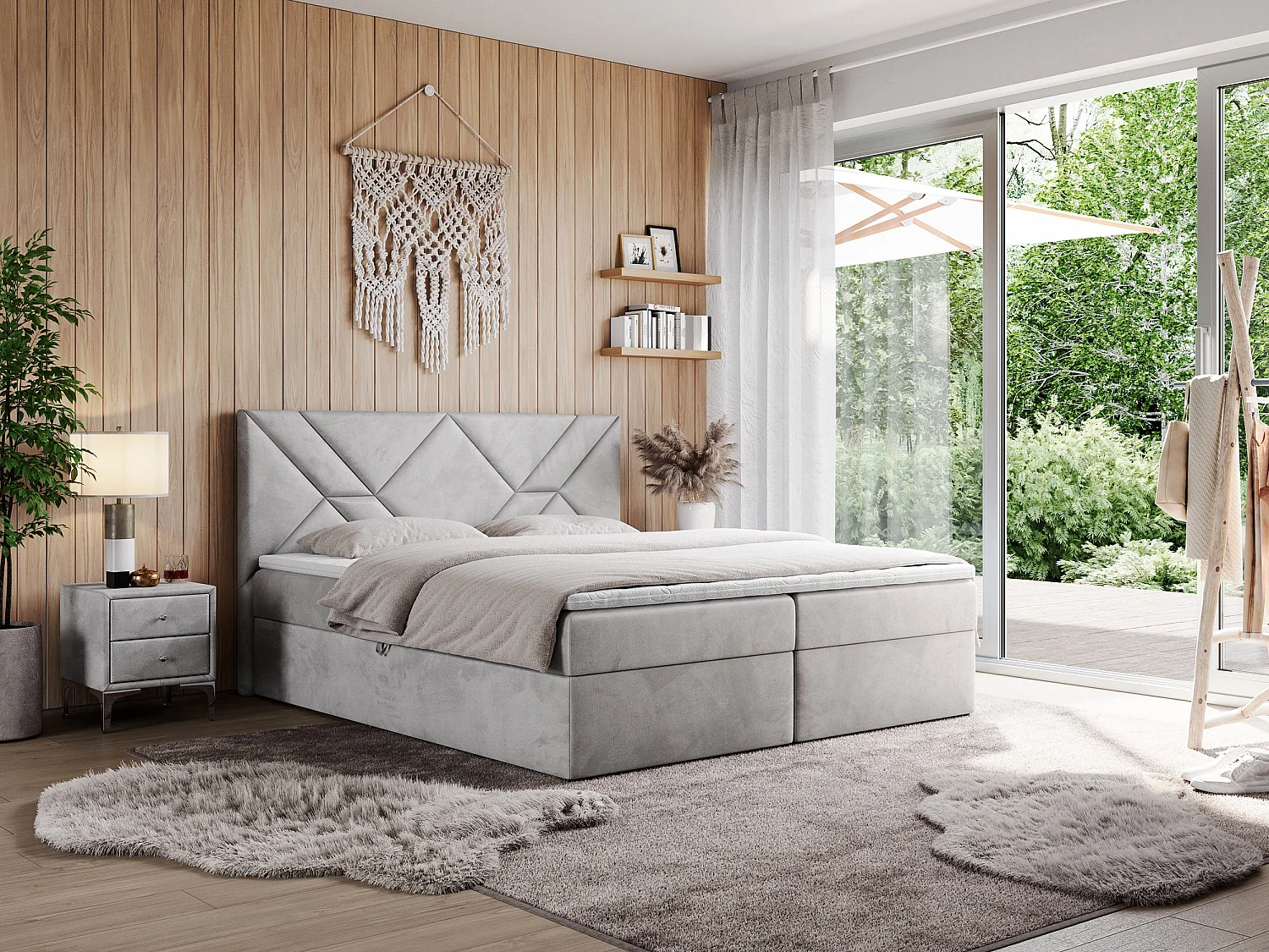 Boxspringbett NEOMI - dekorativem Kopfteil, Polsterbett mit Multipocket-Matratzen, zwei Bettkästen - 200x200 cm - H4 - Hellgrau Strukture