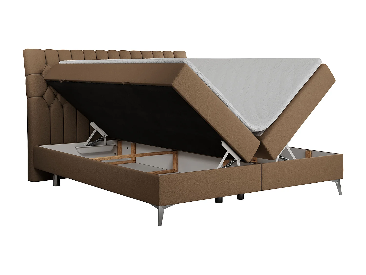Boxspringbett MILEN - gepolstertes Schlafzimmerbett, zwei Multipocket-Matratze, dekorative hohe Beine - 140x200 cm - H4 - Braun Kunstleder
