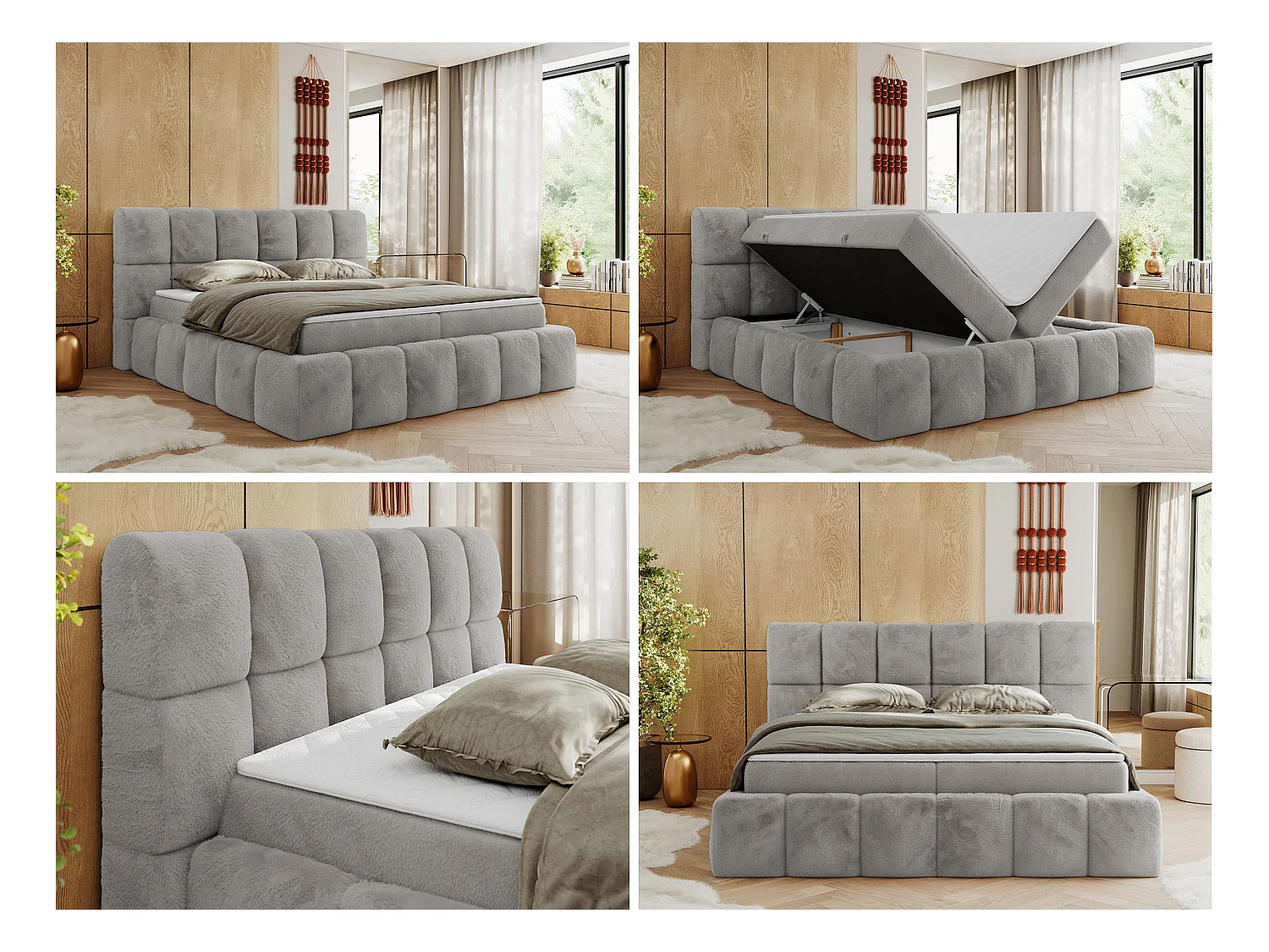 Boxspringbett NIRA - dekorativ kopfteil, Bettkästen und Multipocket-Matratze, Doppelbett für Schlafzimmer - 140x200 cm - H3 - Hellgrau Plüsch